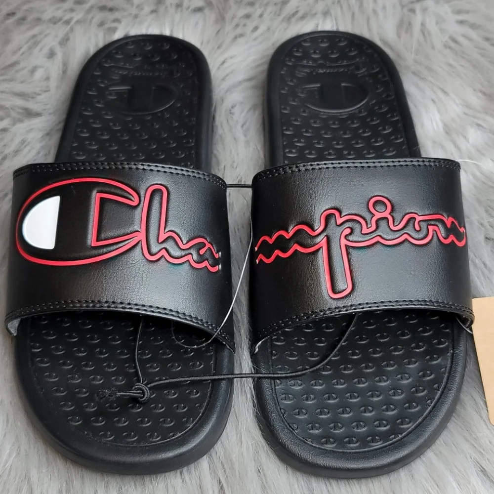 Champion Super Slide Split Script Logo Black Red Flip Flops